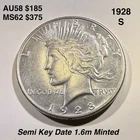 1928-S Peace Silver Dollar $1, AU/Uncirculated, Lightly Cleaned