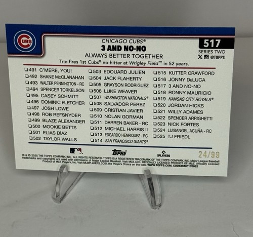 2025 Topps Series 2 - 3 And No-No Green Foil Parallel #/99 Chicago Cubs - Picture 2 of 2