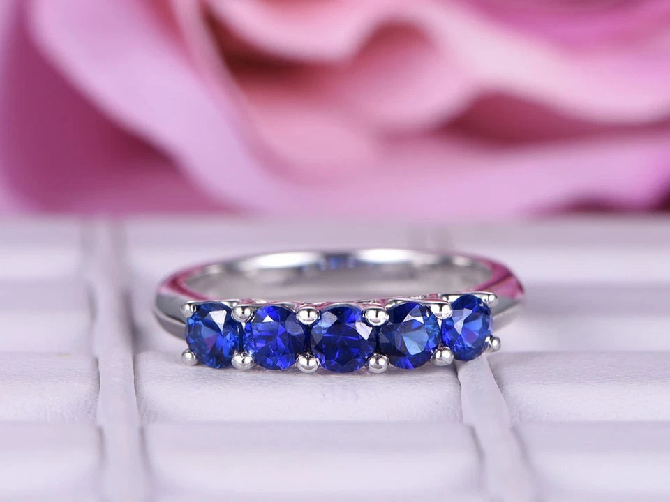 2.00 Ct Round Natural Sapphire & Diamond Eternity Band Ring 14k White Gold Sz 7 - image 2 of 4