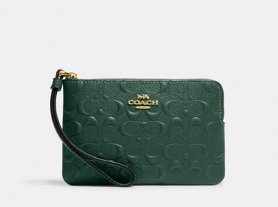 NWT COACH Everglade Green SMALL CORNER ZIP WRISTLET WITH SignatureEmbossed 67555