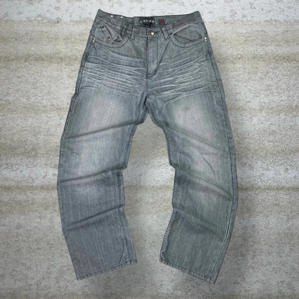 Vintage Skater Wide Leg Jeans 36x32 Shams Grey Wash Baggy Embroidered Y2K - Image 2 of 4