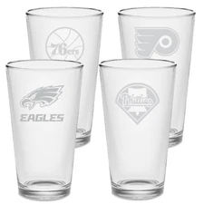 SET Philadelphia Pint Beer Glasses, Drinkware, Etched Tumblers, 16oz Glass