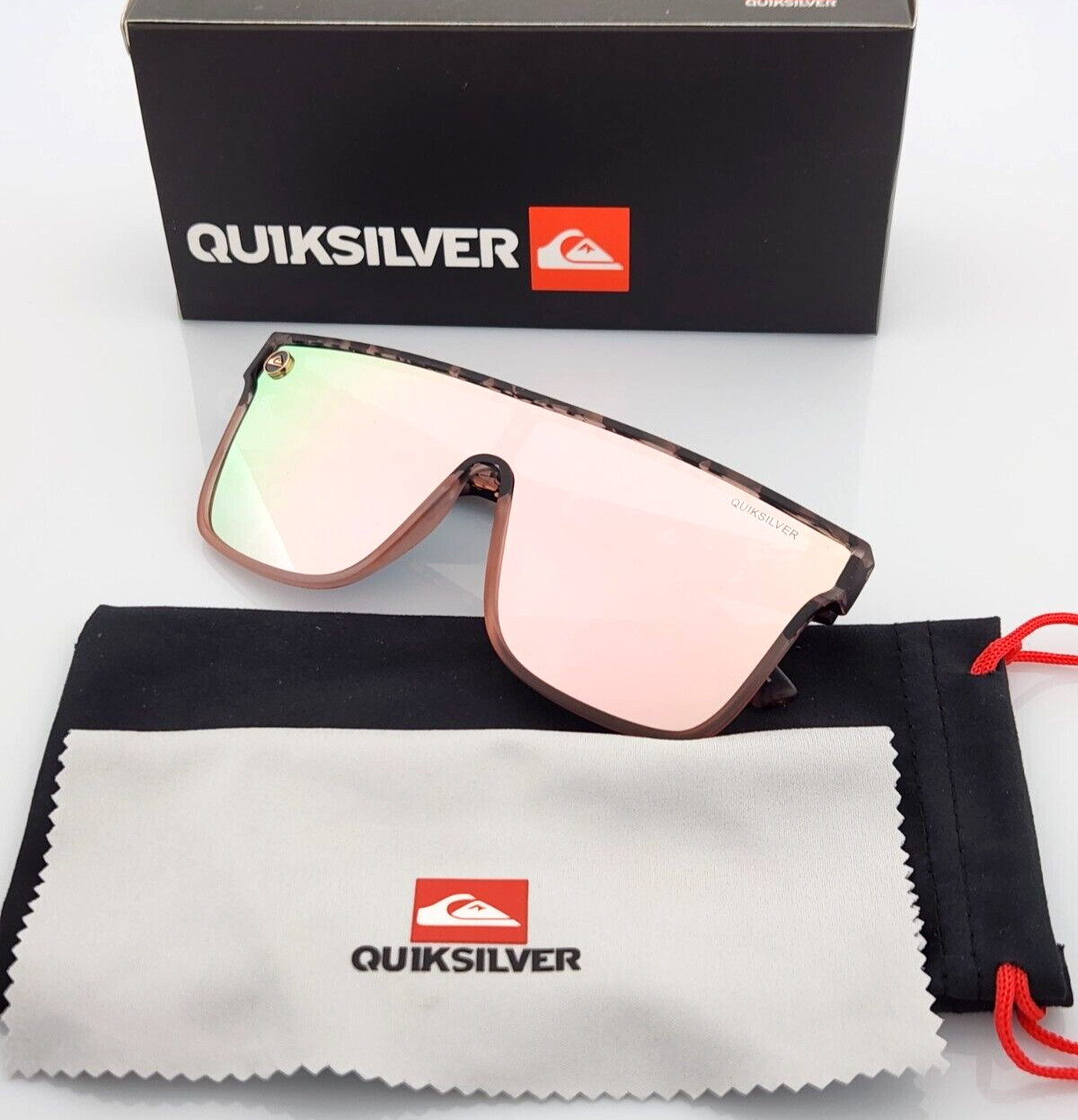 Gafas de sol Quiksilver Shield marco con caparazón de tortuga lentes espejadas rosa flash nuevas en caja
