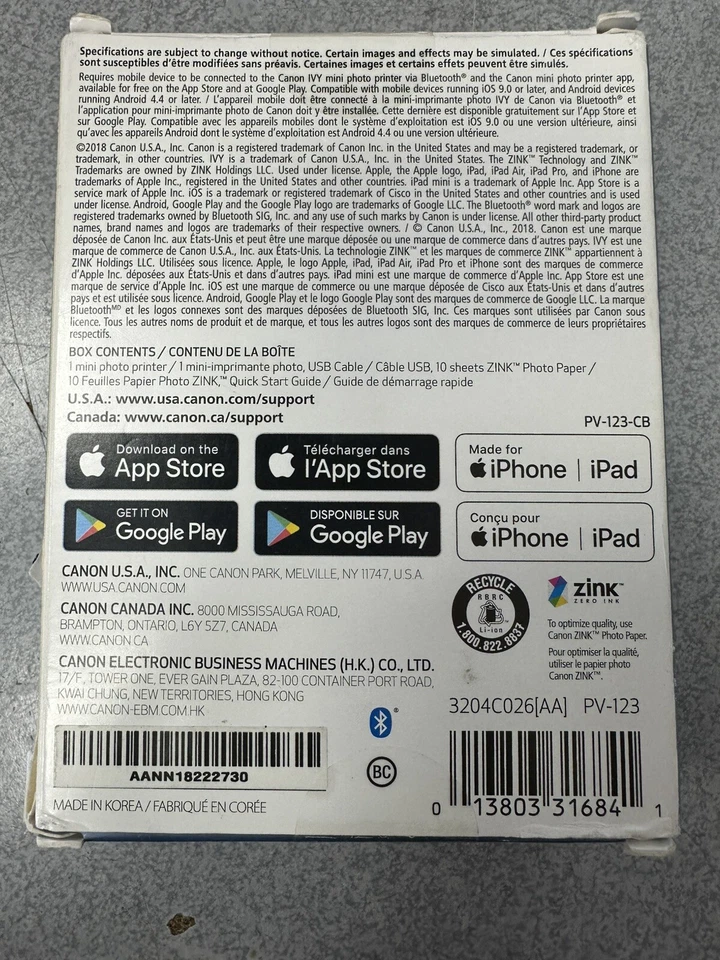 Canon Ivy 2" X 3" Mini Photo Pinter Sltgray White Slate Gray (Brand New open box - Image 3 of 4