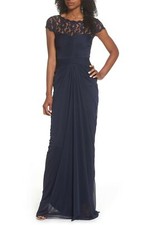 Adrianna Papell Lace Yoke Drape Gown Sz 12 Navy