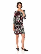 NINE WEST Women's Bateau Neck 3/4 Sleeve Patchwork Dress, Black/Tea Green/Multi,