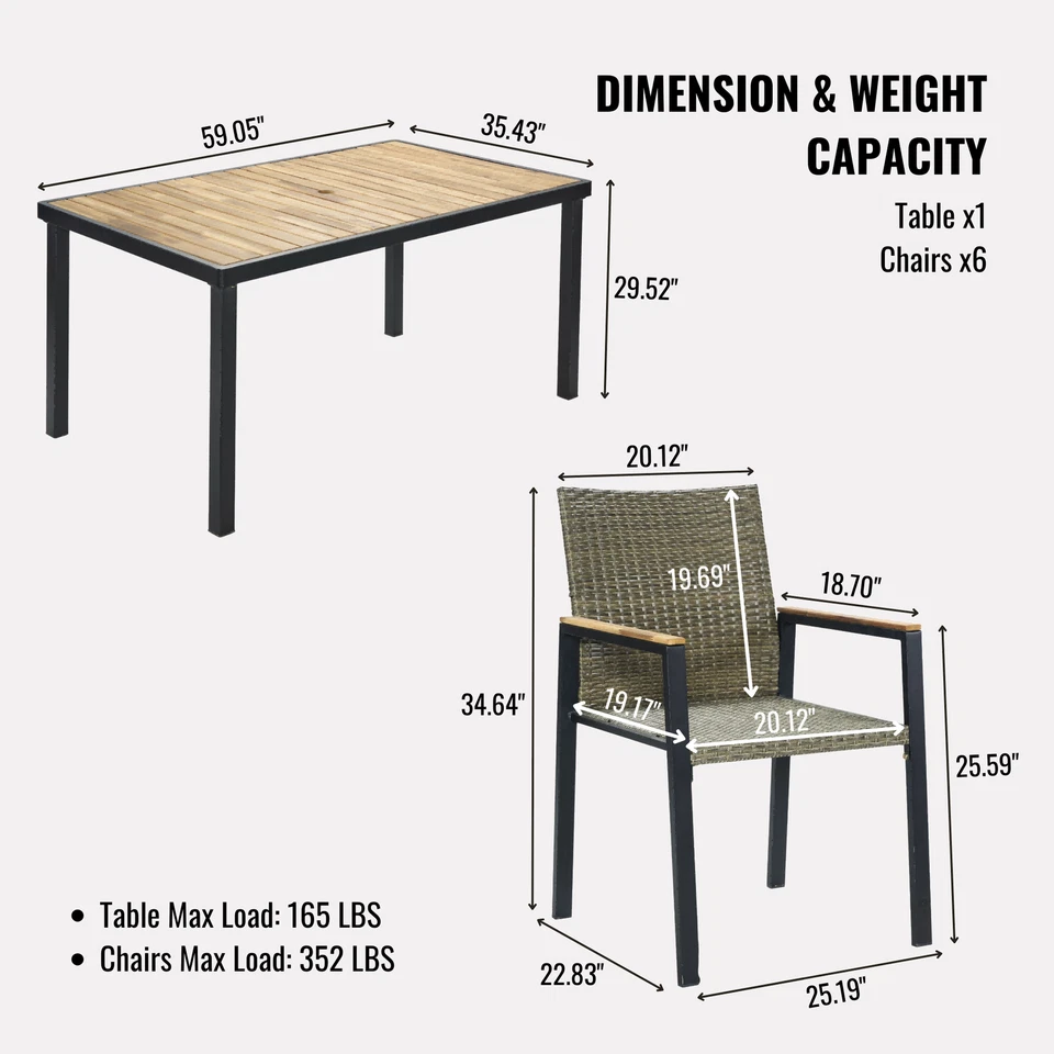 Juego de comedor de patio de 7 piezas sillas de mesa de ratán al aire libre muebles para jardín patio Foto 2 de 4