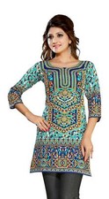Turquoise 3/4 sleeve Indian Printed Kurti Tunic Women Kurta-Large
