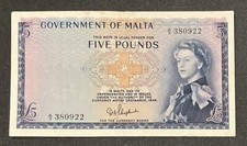MALTA BRITISH : £5 Pounds Banknotes 1949 Shepherd Queen Elizabeth