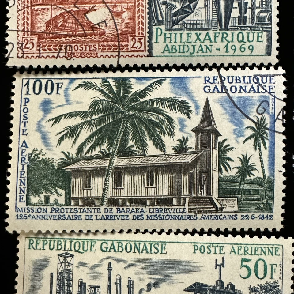 Gabon 7 Stamp Lot 1967 American Missionaries 1969 PhilexAfrique 1970 EuroAfrica - Image 3 of 4