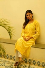 Yellow Cotton Chikankari Kurta for Women Handmade indian Ethnic Wear Tunic