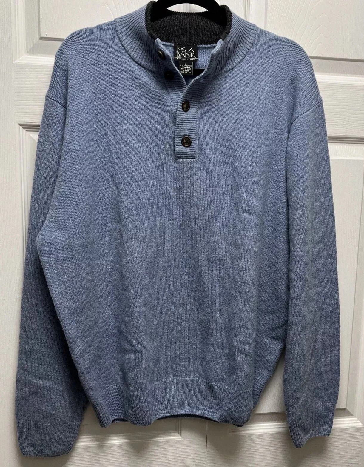 Jos A Bank Sweater Mens Large Lambs Wool Blend Blue Mock Neck 1/4 Button