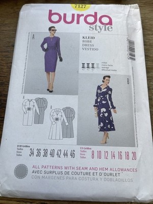 Burda Style Pattern 7127 Ms Dress w/Stitch Pleats - Sleeve~Neck~Skirt Opts  8-20