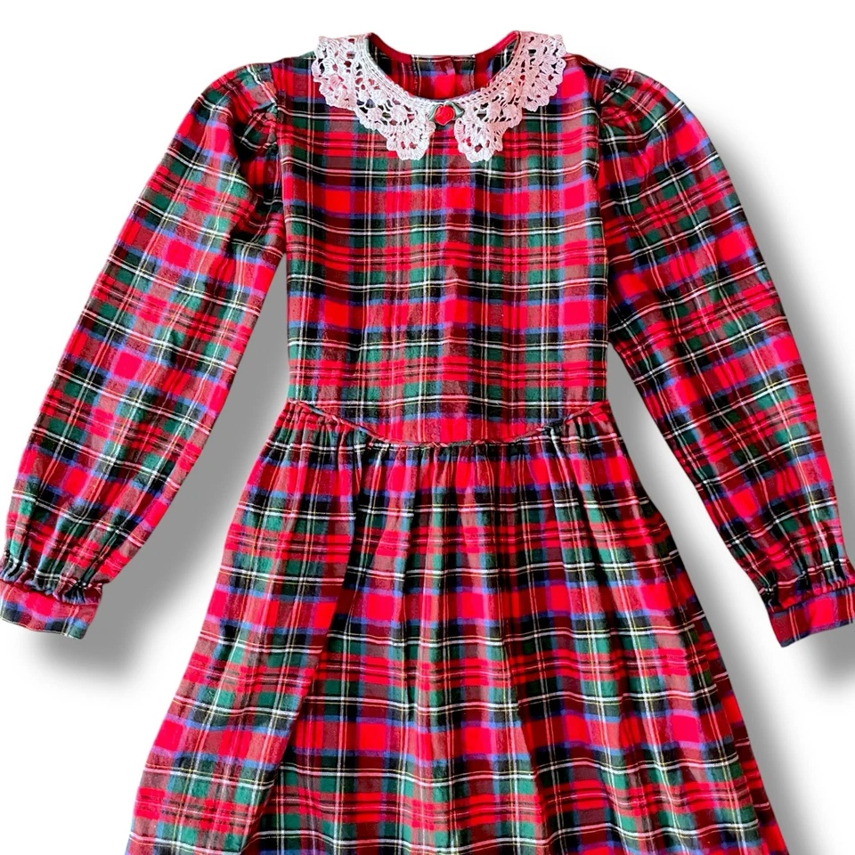 Vestido Vintage Años 90 Therese Niñas Talla 14 Rojo Franela a Cuadros Midi Vacaciones Navidad Foto 2 de 4
