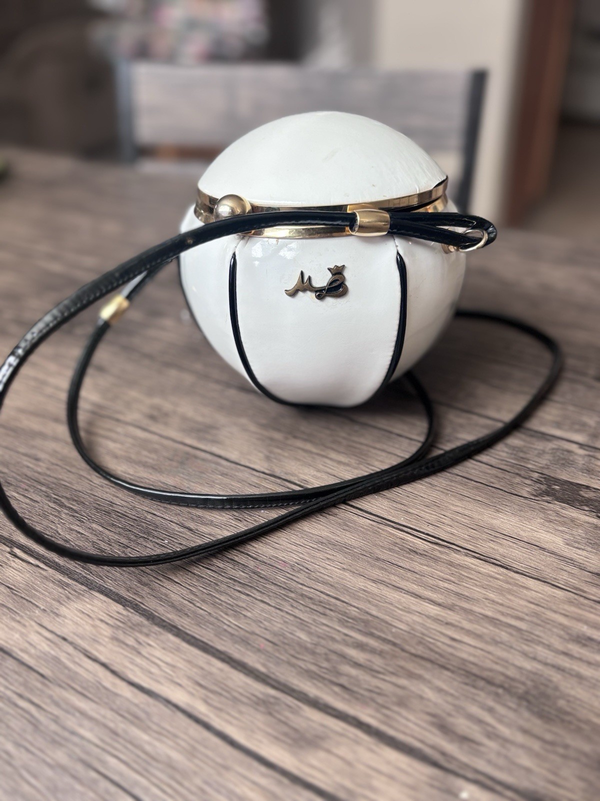 Vintage 1970S White Spherical Novelty Purse Gold Hardware, Black Leather Strap