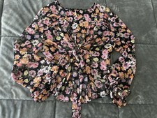 Free People XL Black Floral Chiffon V-Neck Be...