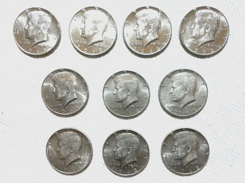 Lot of 10 1968 D 40% Silver Kennedy Half Dollars Brilliant Uncirculated