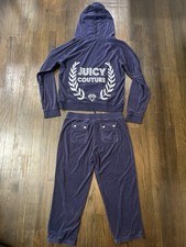 Y2K Juicy Couture Terry Tracksuit Set Blue Rhinestone Bling Zip Up XL Pants M