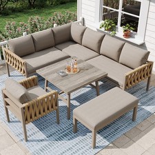 Garden Furniture Set 8 Seater Outdoor Patio L-Shaped Sofa Dining Table Set Beige