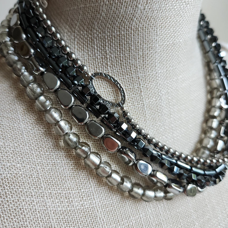 Silpada Sterling Silver "Hailstone" Hematite & Glass Multi 5 Strand Necklace 20" - Image 2 of 4
