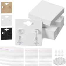 400Pcs Earring Hanging Cards Set: 100 White Display Cards 2" X 2" , 200 Silicon