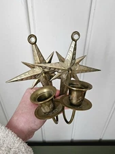 Vintage Mid Century Modern Brass Starburst Wall Sconce Candle Holders Pair