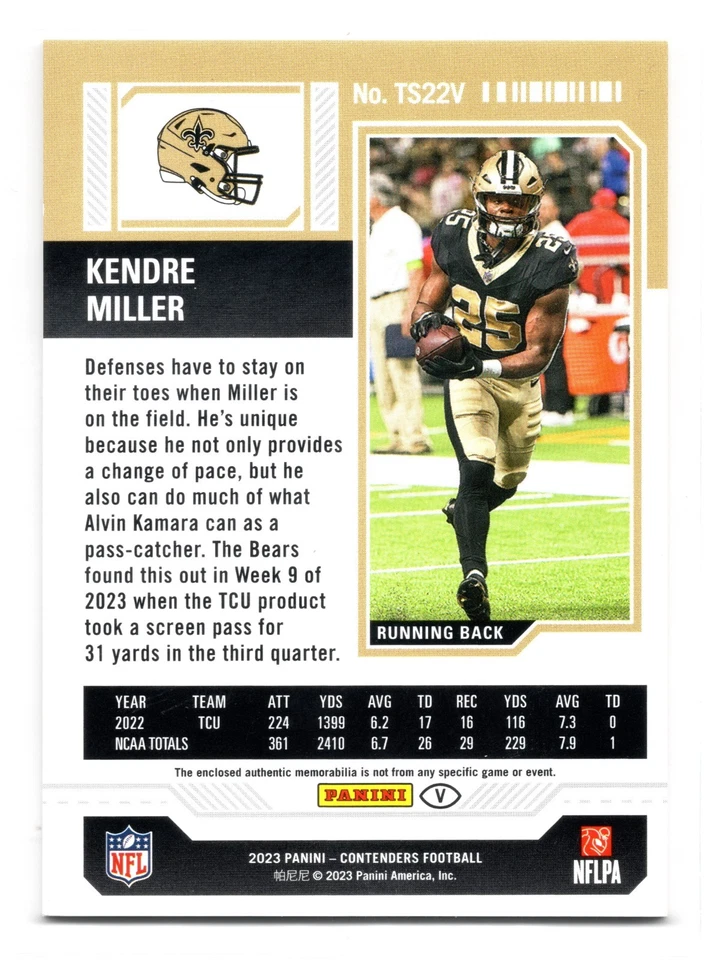 Kendre Miller 2023 Panini Contenders Rookie Ticket Swatches Variations #TS22V - Image 2 of 2