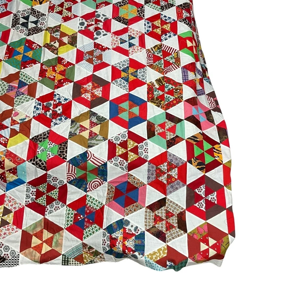 Vintage Scrappy Hexagon Star Quilt Top Only Red White Multi 1940s Hand Pieced - Image 4 of 4