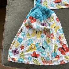 Flowers And Butterflies Kitchen Dish Towels with Crochet Tops Towel Set Of 2