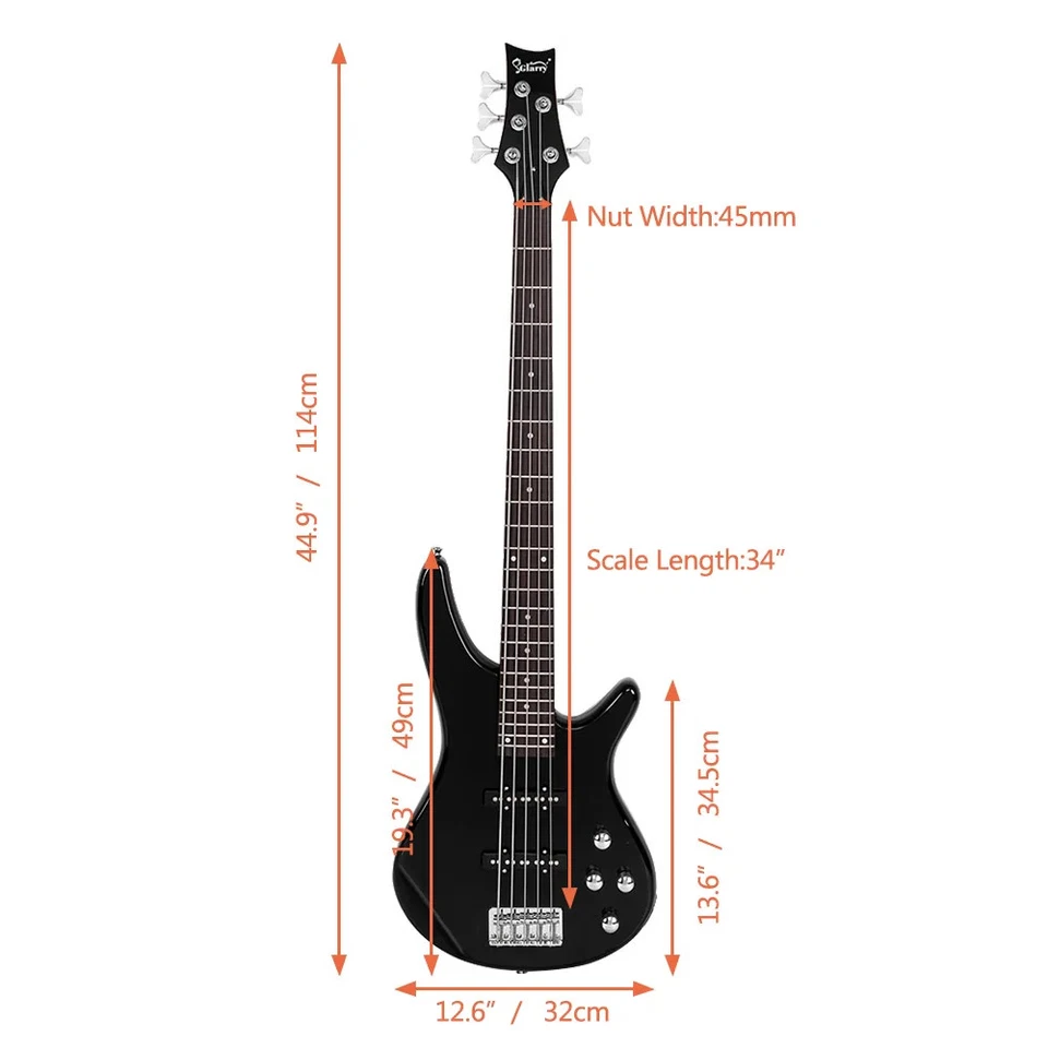 5 String Full Size Electric Bass Guitar SS Pickups. Experienced Player Kit Black - image 3 of 4