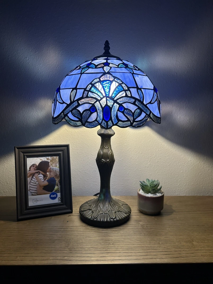 Tiffany Style Table Lamp Baroque Style Lavender Blue Stained Glass H19