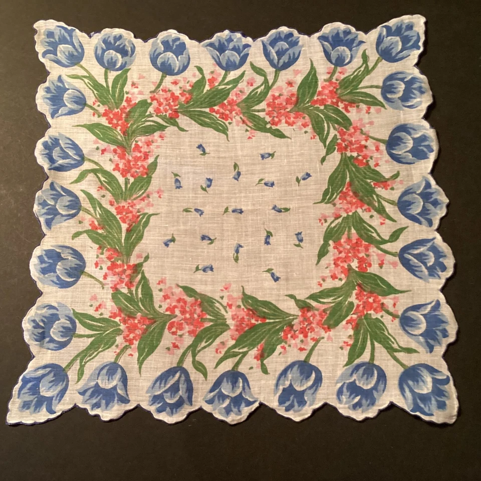 Pañuelo holandés azul festoneado vintage para damas rosa no me olvides Foto 2 de 4