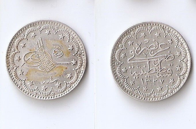 Turkey 5 kurush  AH1327 4 (1912) Muhammad V, Mint: Qustantiniyah, High grade!!!