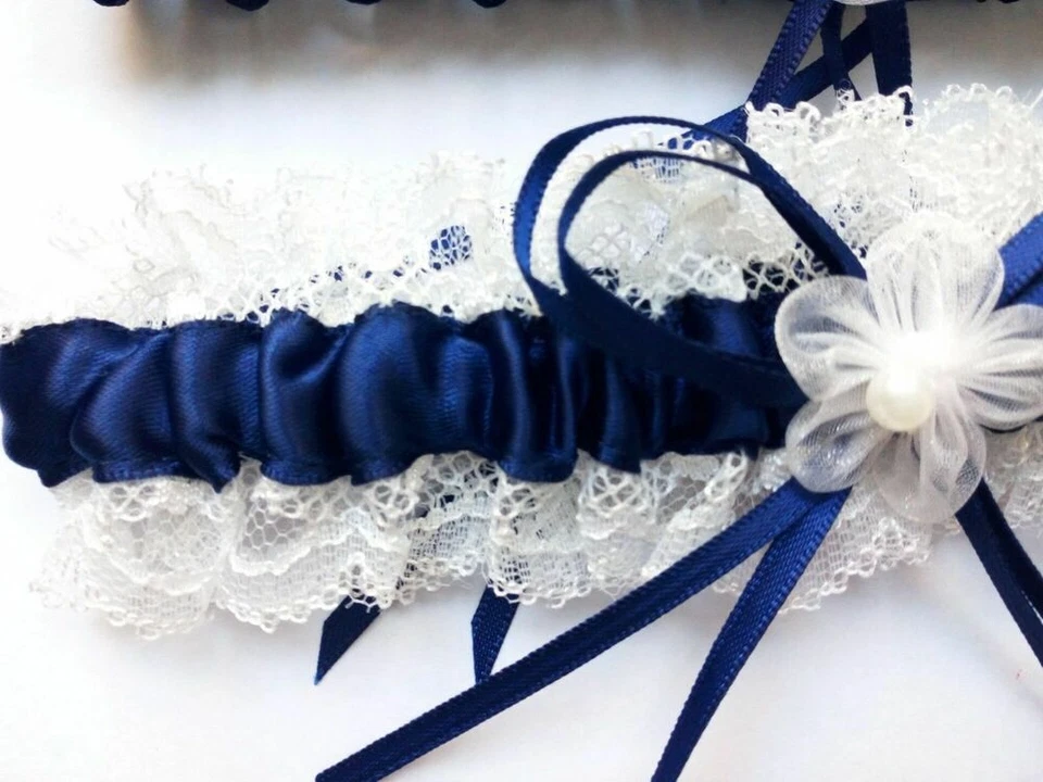 Bridal Wedding Garter Set White Lace Floral Elastic Keepsake & Toss Garters New - Image 3 of 4