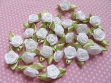 100PCS Satin Ribbon Rose with Leaf Wedding Bride Appliques White Crafts