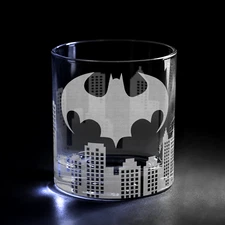GOTHAM CITY BAT EMBLEM Laser Engraved 11oz Whiskey Glass | DC Comic Superheroes