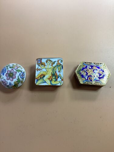 Lot of 3 Antique daisy flower , Cherub , and Oriental pill trinket boxes