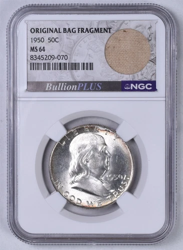 1950 Franklin Silver Half Dollar - NGC MS64 Bullion Plus Original Bag Fragment