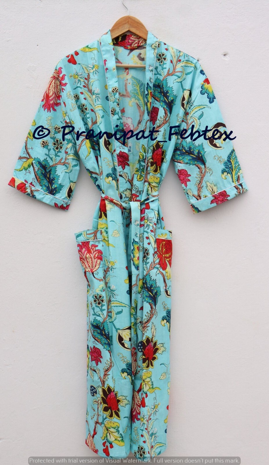 Rosa Estampado Floral Turquesa Hecho Algodón Kimono Beachcoverup Pijama Salón