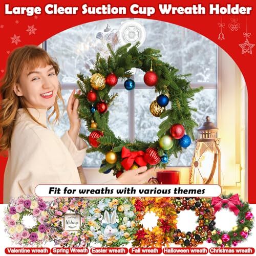 Clear Wreath-Hanger, 22 LB Strong Suction-Cup-Wreath-Hooks, Pack Clear-2  Pack