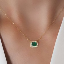 Women's 2Ct Natural Diamond  Emerald Halo Pendant Necklace 14k Yellow Gold