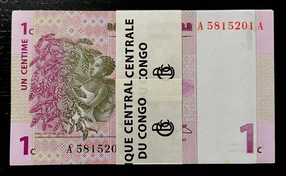 Congo DR. 1 CENTAVO P-80 1997 x 50 Piezas Lote Paquete Zaire Paquete Congoleño BILLETE DE BANCO Foto 3 de 4