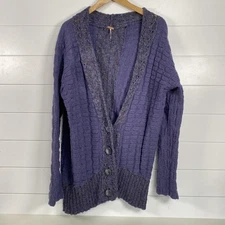 Free People Sweater Womens Large Purple Button Up Textured Cardigan Boho Knit