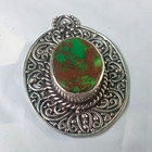 925 Sterling Silver Signed Filigree Round Pendant Oval Green Brown Turquoise — photo 1