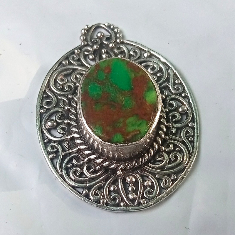 925 Sterling Silver Signed Filigree Round Pendant Oval Green Brown Turquoise