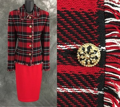 BEAUTIFUL St John collection knit red black fringe multi jacket skirt suit 6 8