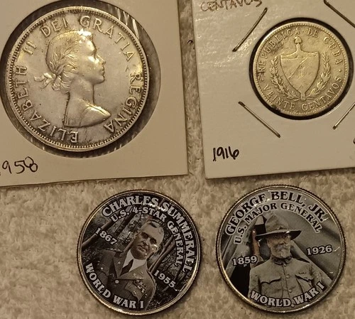 US Canada Dollar Half Colorize 50 Cents 1958 1916 20 Centavos 4 Coins Silver Lot