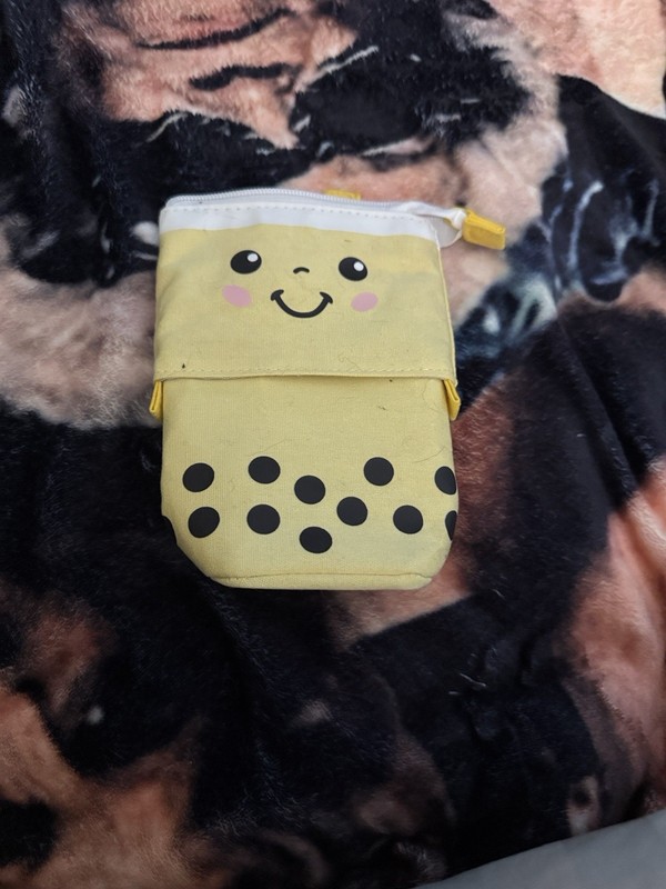 Anggo cute Yellow Smiley Face boba (bubble) tea pencil pouch  7” H x 4.5” W