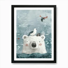 Polar Bear And Birds 2 Art Print Framed Wall Art Poster Canvas Print Picture