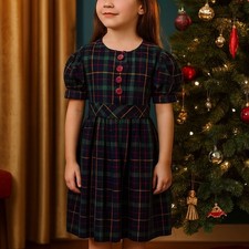 Vintage 60s Kate Greenaway Grammarrette Plaid Dress 6/7 Puff Sleeve Tartan